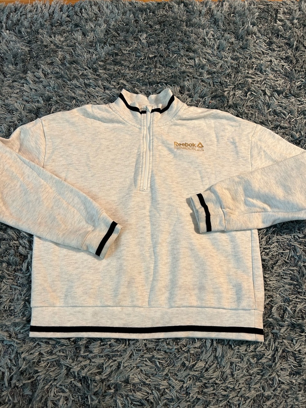 Reebok Girls XL white Crewneck Sweater with Black Trim Gold Name on Chest